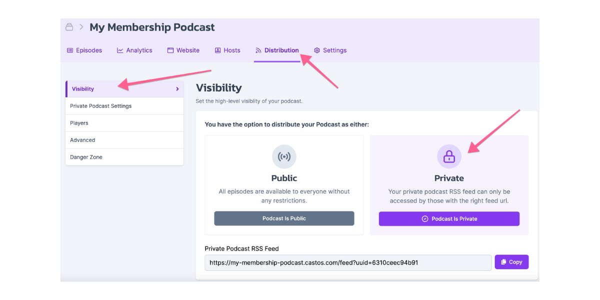 Castos set podcast to private